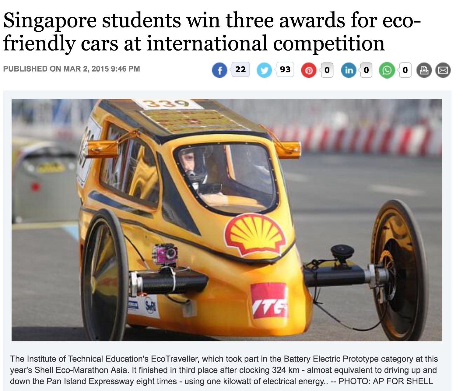 Straits Times coverage of ITE College West placing third at Shell Eco-Marathon Asia 2015
