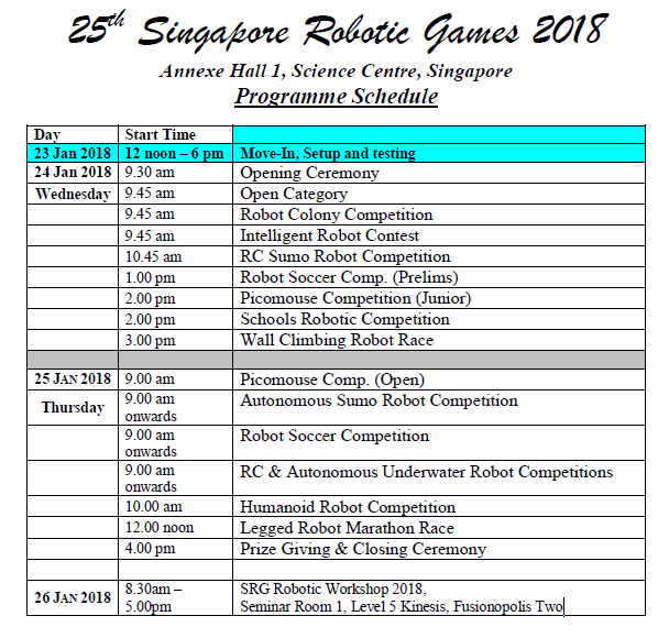 Singapore Robotic Games 2018 programme schedule