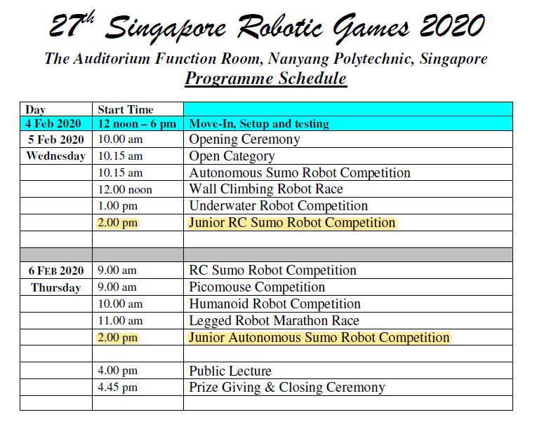 Singapore Robotic Games 2020 programme schedule