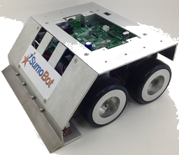 iSumoBot combat robot chassis with drive wheels and exposed controller board